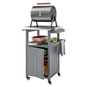 Outsunny Outdoor Grill Cart with Wheels, Storage Cabinet, Solid Wood Outdoor Kitchen Island with Stainless Steel Top, Movable Bar Cart with Spice Rack, Side Handle, Integrated Hole for BBQ, Dark Gray