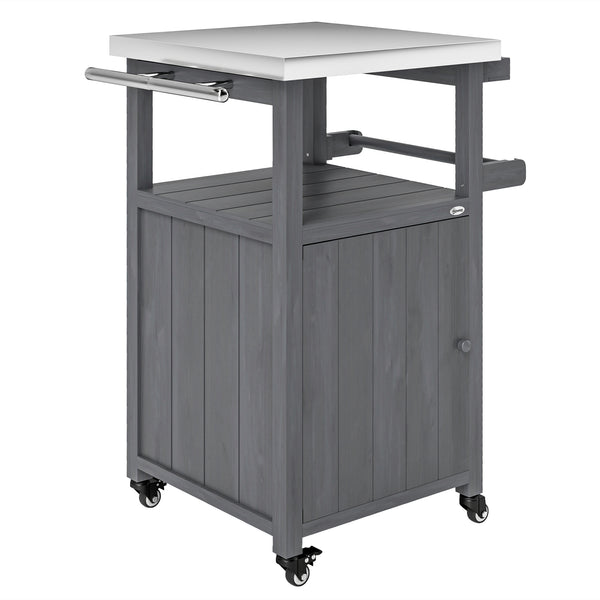 Outsunny Outdoor Grill Cart with Wheels, Storage Cabinet, Solid Wood Outdoor Kitchen Island with Stainless Steel Top, Movable Bar Cart with Spice Rack, Side Handle, Integrated Hole for BBQ, Dark Gray