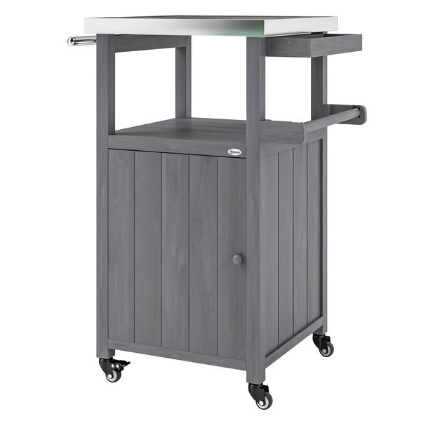 Outsunny Outdoor Grill Cart with Wheels, Storage Cabinet, Solid Wood Outdoor Kitchen Island with Stainless Steel Top, Movable Bar Cart with Spice Rack, Side Handle, Integrated Hole for BBQ, Dark Gray