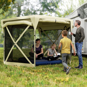 Pop Up Gazebo Screen Tent House, 11 x 11ft with UPF30+ Removable Roof Cover, 4 Roll-up Wind Panels and Carry Bag for Camping, Patio, Backyard, Lawn, Beige