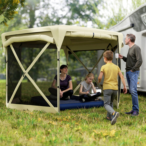 Pop Up Gazebo Screen Tent House, 11 x 11ft with UPF30+ Removable Roof Cover, 4 Roll-up Wind Panels and Carry Bag for Camping, Patio, Backyard, Lawn, Beige