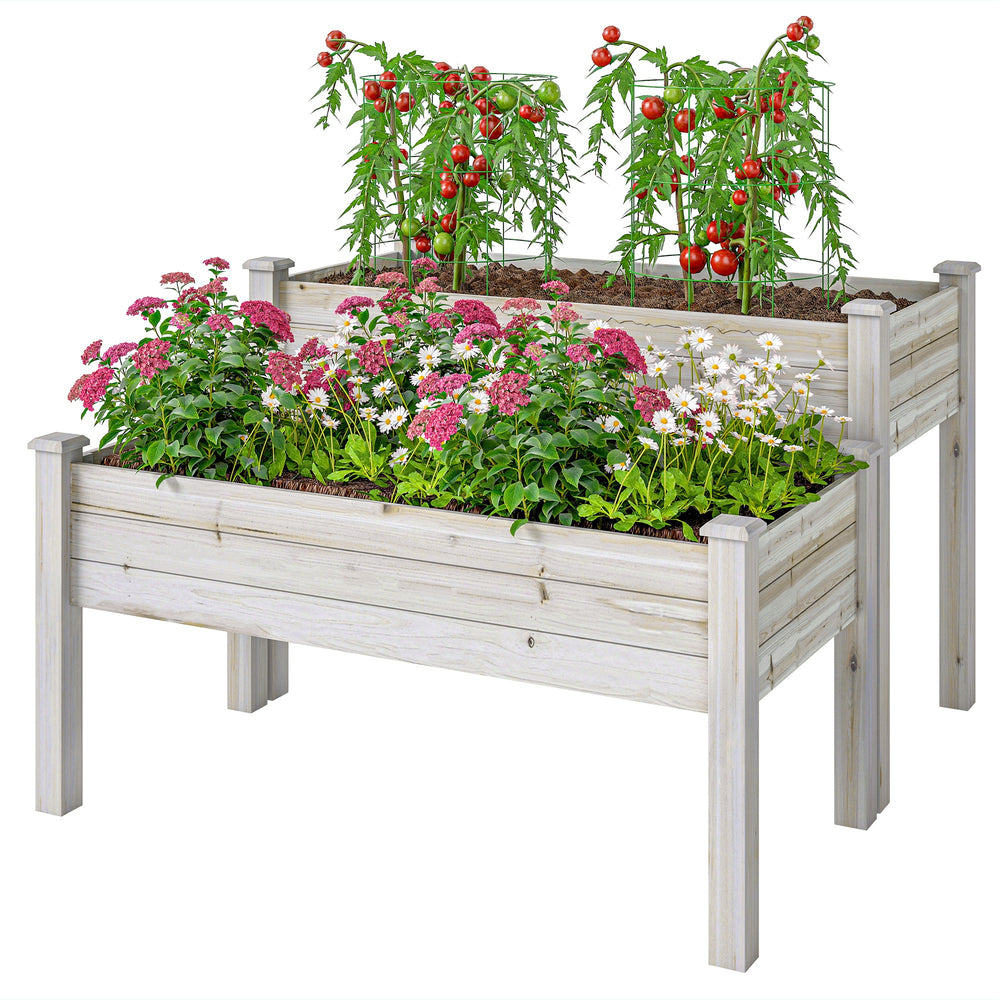 2 Tiers Raised Garden Bed, Wooden Elevated Planter Box with Legs Gardening Planting Bed with 2 Compartments for Flower Vegetable Herb Grow, Natural