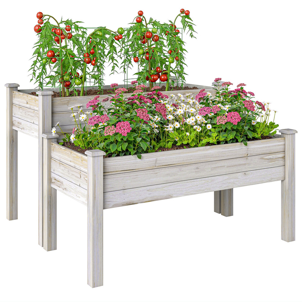 2 Tiers Raised Garden Bed, Wooden Elevated Planter Box with Legs Gardening Planting Bed with 2 Compartments for Flower Vegetable Herb Grow, Natural