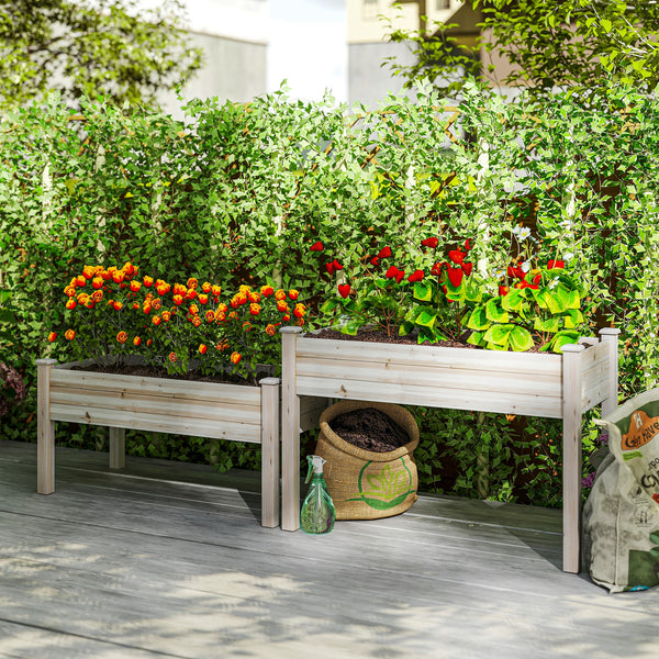 2 Tiers Raised Garden Bed, Wooden Elevated Planter Box with Legs Gardening Planting Bed with 2 Compartments for Flower Vegetable Herb Grow, Natural