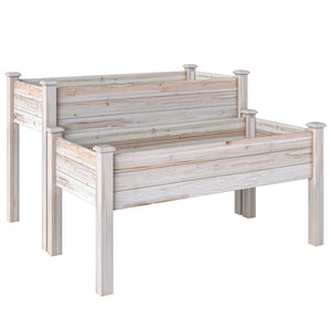 2 Tiers Raised Garden Bed, Wooden Elevated Planter Box with Legs Gardening Planting Bed with 2 Compartments for Flower Vegetable Herb Grow, Natural