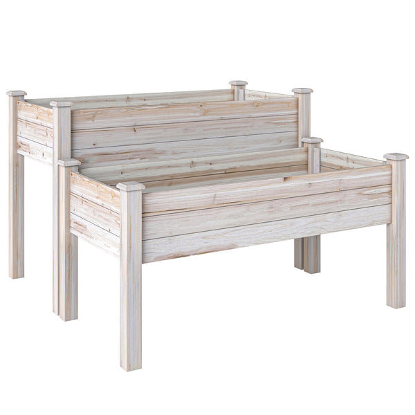 2 Tiers Raised Garden Bed, Wooden Elevated Planter Box with Legs Gardening Planting Bed with 2 Compartments for Flower Vegetable Herb Grow, Natural