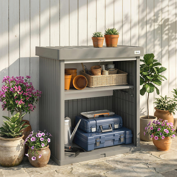 82 Gallon Outdoor Storage Box, Plastic Deck Box with Roll up Door and Removable Shelf, Splash-Resistant & UV Resistant Garden Storage Container for Patio, Porch, Grey