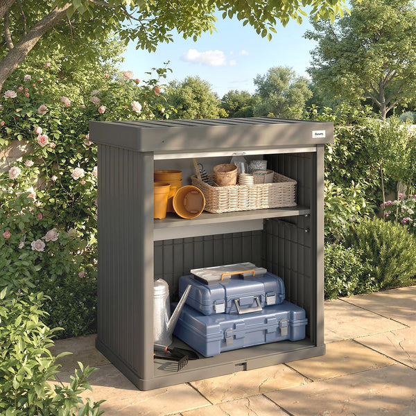 82 Gallon Outdoor Storage Box, Plastic Deck Box with Roll up Door and Removable Shelf, Splash-Resistant & UV Resistant Garden Storage Container for Patio, Porch, Grey