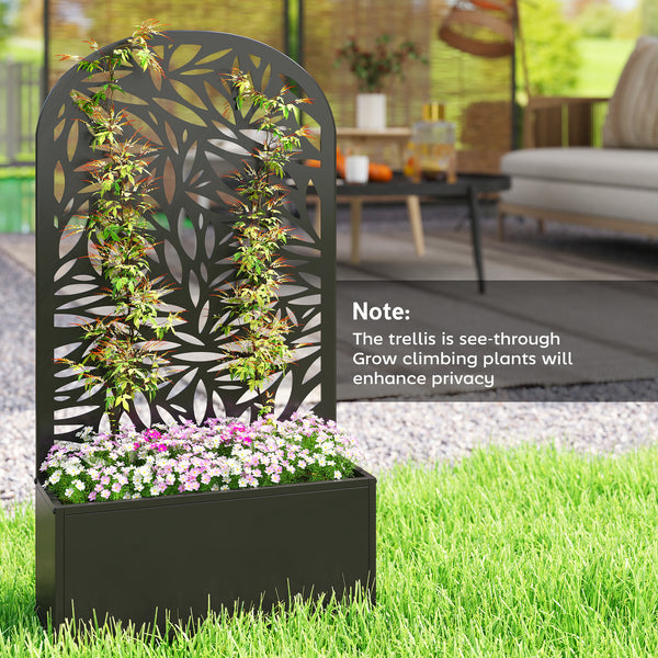 Metal Raised Garden Bed with Trellis for Climbing Plants, Freestanding or Wall Mounted Flower Bed with Cueved Privacy Panel, Leaves Cut-Out Outdoor Planter Box for Garden, Patio, Balcony