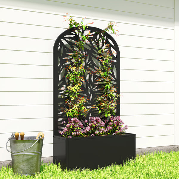 Metal Raised Garden Bed with Trellis for Climbing Plants, Freestanding or Wall Mounted Flower Bed with Cueved Privacy Panel, Leaves Cut-Out Outdoor Planter Box for Garden, Patio, Balcony