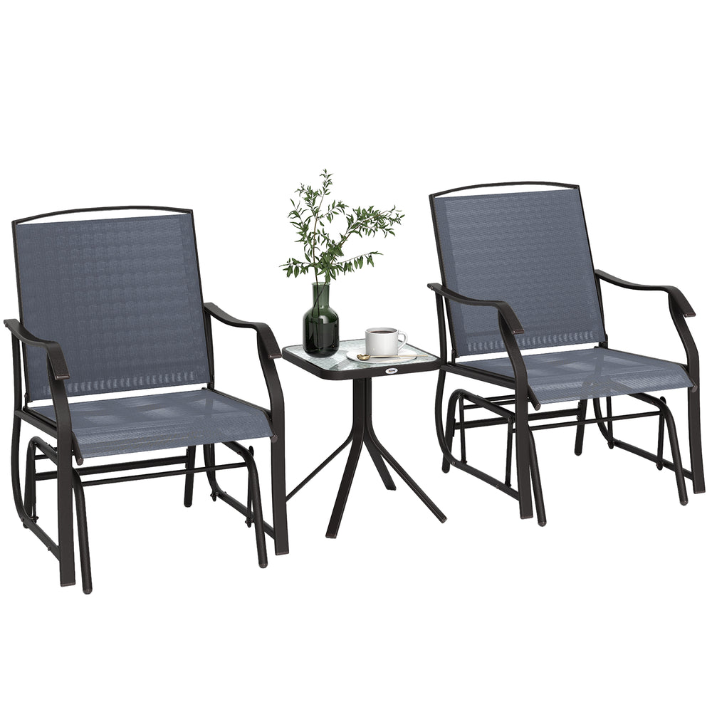3 Piece Patio Glider Set, Outdoor Gliders with Glass Top Table, Breathable Mesh Seat, or Garden, Country Yard, Porch, Grey