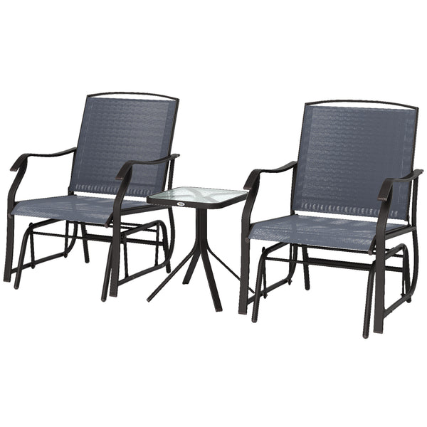 3 Piece Outdoor Glider Chair with Coffee Table Bistro Set, 2 Patio Rocking Swing Chairs with Breathable Sling Fabric, Glass Tabletop, for Backyard, Garden and Porch, Gray