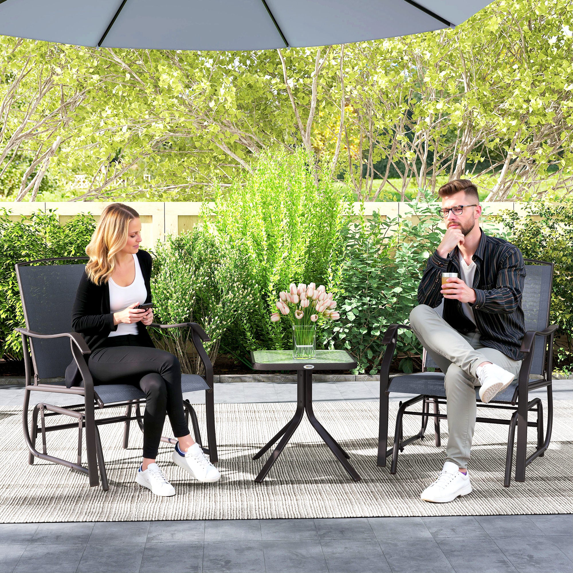 gliders for patio umbrella Outsunny 3 Piece Patio Glider Set with Breathable Mesh Seat & Glass Top Table, Grey