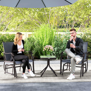 3 Piece Outdoor Glider Chair with Coffee Table Bistro Set, 2 Patio Rocking Swing Chairs with Breathable Sling Fabric, Glass Tabletop, for Backyard, Garden and Porch, Gray