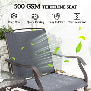 3 Piece Patio Glider Set, Outdoor Gliders with Glass Top Table, Breathable Mesh Seat, or Garden, Country Yard, Porch, Grey