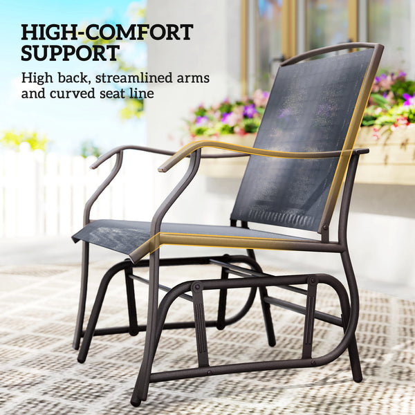 3 Piece Outdoor Glider Chair with Coffee Table Bistro Set, 2 Patio Rocking Swing Chairs with Breathable Sling Fabric, Glass Tabletop, for Backyard, Garden and Porch, Gray