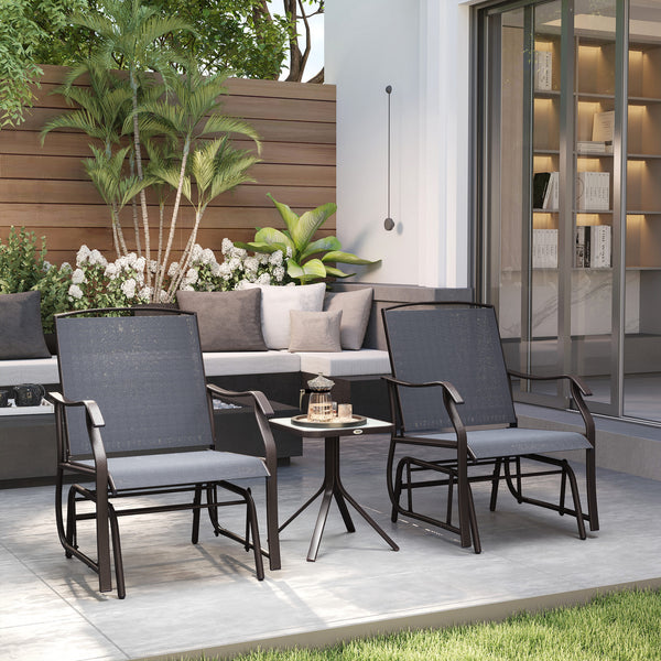 3 Piece Patio Glider Set, Outdoor Gliders with Glass Top Table, Breathable Mesh Seat, or Garden, Country Yard, Porch, Grey