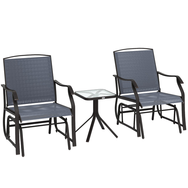 3 Piece Patio Glider Set, Outdoor Gliders with Glass Top Table, Breathable Mesh Seat, or Garden, Country Yard, Porch, Grey