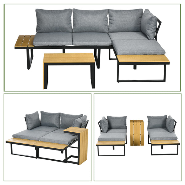 Outsunny 3 Piece Patio Furniture Set with Cushions, Aluminum Frame Outdoor Conversation Sofa Set w/ Two Loveseats and Wood Grain Plastic Top Coffee Table/Side Table, Dark Gray