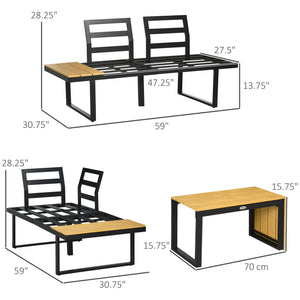 Outsunny 3 Piece Patio Furniture Set with Cushions, Aluminum Frame Outdoor Conversation Sofa Set w/ Two Loveseats and Wood Grain Plastic Top Coffee Table/Side Table, Dark Gray