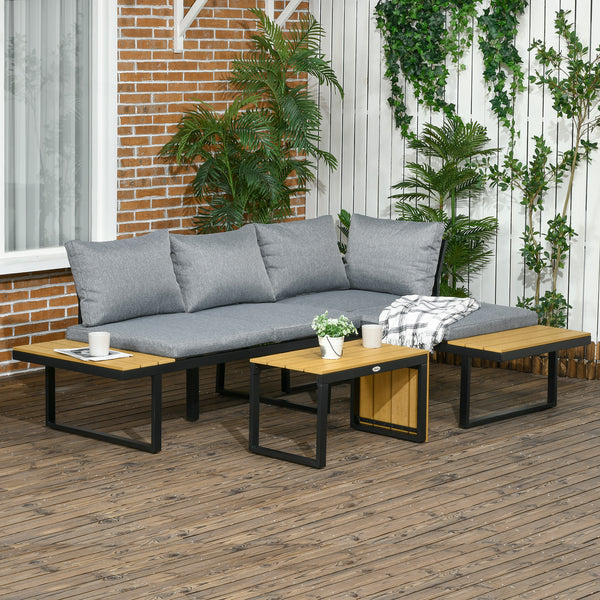 Outsunny 3 Piece Patio Furniture Set with Cushions, Aluminum Frame Outdoor Conversation Sofa Set w/ Two Loveseats and Wood Grain Plastic Top Coffee Table/Side Table, Dark Gray