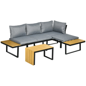 Outsunny 3 Piece Patio Furniture Set with Cushions, Aluminum Frame Outdoor Conversation Sofa Set w/ Two Loveseats and Wood Grain Plastic Top Coffee Table/Side Table, Dark Gray