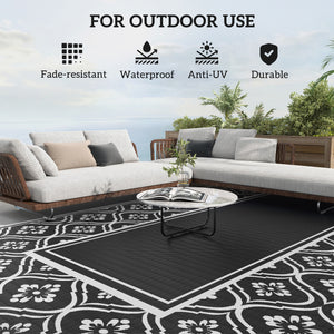 Outsunny Reversible Outdoor Rug, 9' x 18' Waterproof Plastic Straw Floor Mat, Portable RV Camping Carpet, Large Floor Mat for Backyard, Deck, Picnic, Beach, Black & White Gourd Border