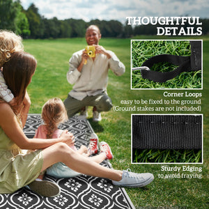 Outsunny Reversible Outdoor Rug, 9' x 18' Waterproof Plastic Straw Floor Mat, Portable RV Camping Carpet, Large Floor Mat for Backyard, Deck, Picnic, Beach, Black & White Gourd Border