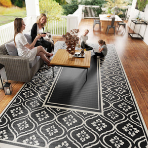 Outsunny Reversible Outdoor Rug, 9' x 18' Waterproof Plastic Straw Floor Mat, Portable RV Camping Carpet, Large Floor Mat for Backyard, Deck, Picnic, Beach, Black & White Gourd Border