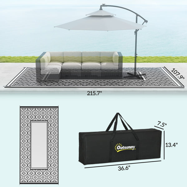 Outsunny Reversible Outdoor Rug, 9' x 18' Waterproof Plastic Straw Floor Mat, Portable RV Camping Carpet, Large Floor Mat for Backyard, Deck, Picnic, Beach, Black & White Gourd Border