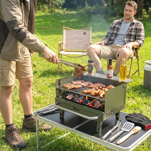 Portable BBQ Grill, Charcoal Barbecue Grill with Adjustable Grates, Foldable Legs and Side Shelf for Camping Hiking Picnic Travel Garden Outdoor Cooking, Green