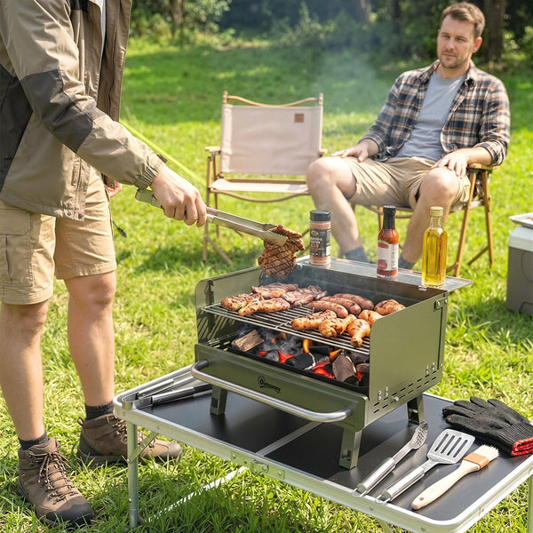 Portable BBQ Grill, Charcoal Barbecue Grill with Adjustable Grates, Foldable Legs and Side Shelf for Camping Hiking Picnic Travel Garden Outdoor Cooking, Green