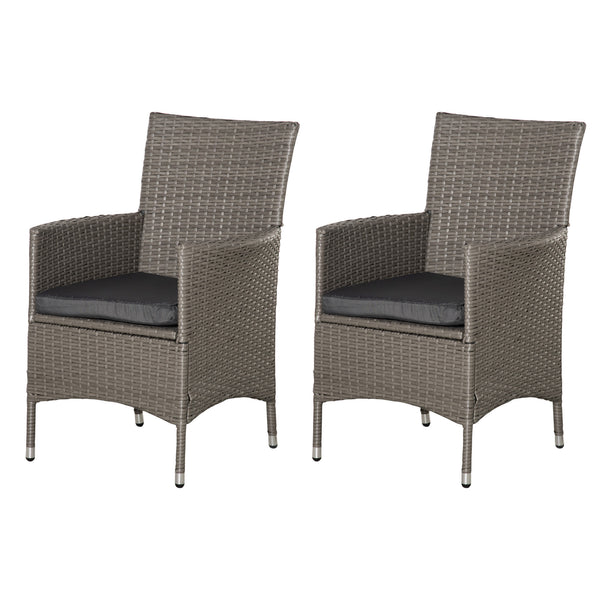 2 Pieces Outdoor PE Rattan Dining Chairs Set with Cushion, Garden Armchair with Armrests, High Backrest, Metal Frame Patio Wicker Furniture, Grey