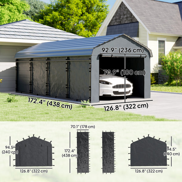 Carport Replacement Canopy Cover Sidewalls for 10' x 15' Carport, UPF50+ Waterproof PE Garage Car Tent Shelter Tarp with Roll up Door, Sidewall ONLY, Dark Grey