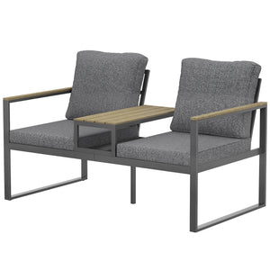 Outdoor Garden Bench, Patio Bench with Metal Frame, Integrated Center Table and Thick Cushions, 2-Seat Patio Loveseat, Light Grey