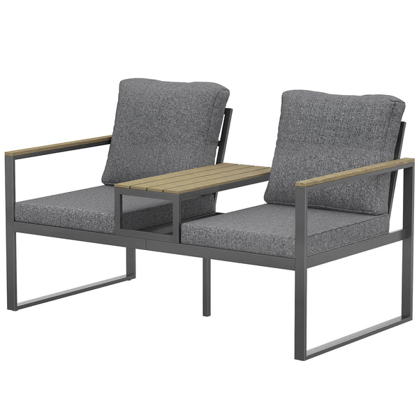 Outdoor Garden Bench, Patio Bench with Metal Frame, Integrated Center Table and Thick Cushions, 2-Seat Patio Loveseat, Light Grey