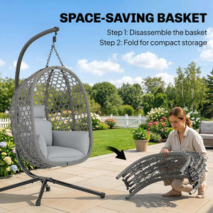 Hanging Egg Chair, Indoor Outdoor Rattan Hammock Swing Chair with Stand, Safety Strap, Foldable Basket, Thick Cushion, Headrest, Metal Frame for Garden Balcony Patio Lounge Porch, Dark Grey