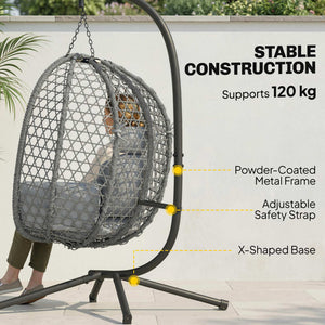 Hanging Egg Chair, Indoor Outdoor Rattan Hammock Swing Chair with Stand, Safety Strap, Foldable Basket, Thick Cushion, Headrest, Metal Frame for Garden Balcony Patio Lounge Porch, Dark Grey