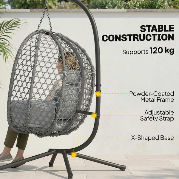 Hanging Egg Chair, Indoor Outdoor Rattan Hammock Swing Chair with Stand, Safety Strap, Foldable Basket, Thick Cushion, Headrest, Metal Frame for Garden Balcony Patio Lounge Porch, Dark Grey