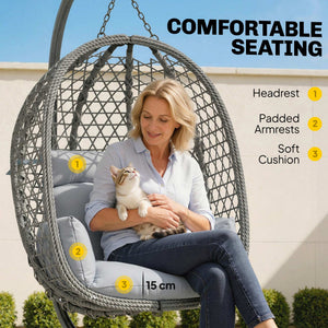 Hanging Egg Chair, Indoor Outdoor Rattan Hammock Swing Chair with Stand, Safety Strap, Foldable Basket, Thick Cushion, Headrest, Metal Frame for Garden Balcony Patio Lounge Porch, Dark Grey