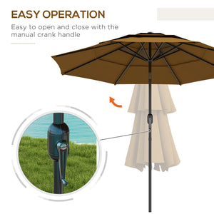 Outsunny 9FT 3 Tiers Patio Umbrella Outdoor Market Umbrella with Crank, Push Button Tilt for Deck, Backyard and Lawn, Tan