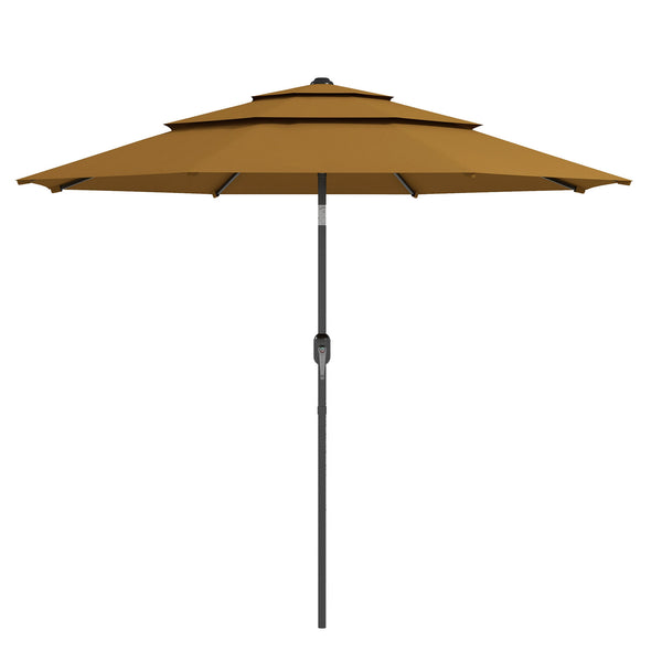 Outsunny 9FT 3 Tiers Patio Umbrella Outdoor Market Umbrella with Crank, Push Button Tilt for Deck, Backyard and Lawn, Tan