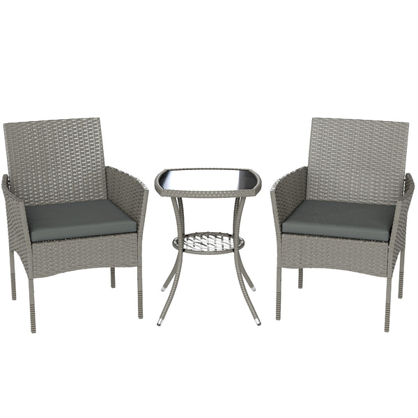 3 Piece Rattan Bistro Set, PE Wicker Garden Furniture Conversation Set, 2 Tier Glass-Top Bistro Table and Chairs for 2 with Cushions for Patio, Balcony, Porch, Dark Grey
