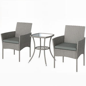 3 Piece Rattan Bistro Set, PE Wicker Garden Furniture Conversation Set, 2 Tier Glass-Top Bistro Table and Chairs for 2 with Cushions for Patio, Balcony, Porch, Dark Grey