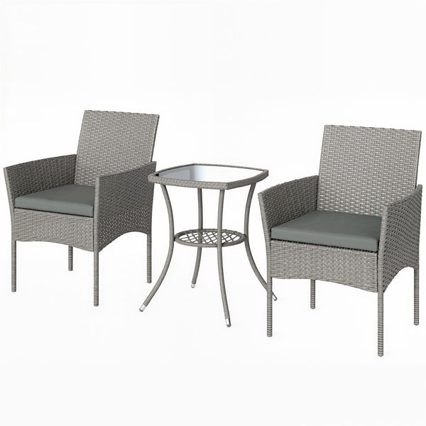 3 Piece Rattan Bistro Set, PE Wicker Garden Furniture Conversation Set, 2 Tier Glass-Top Bistro Table and Chairs for 2 with Cushions for Patio, Balcony, Porch, Dark Grey