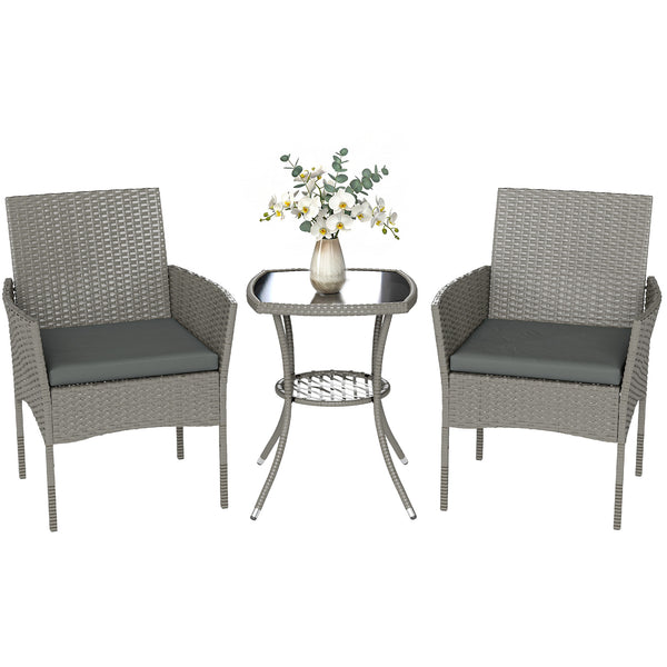 3 Piece Rattan Bistro Set, PE Wicker Garden Furniture Conversation Set, 2 Tier Glass-Top Bistro Table and Chairs for 2 with Cushions for Patio, Balcony, Porch, Dark Grey