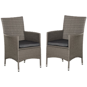 2 Pieces Outdoor PE Rattan Dining Chairs Set with Cushion, Garden Armchair with Armrests, High Backrest, Metal Frame Patio Wicker Furniture, Grey