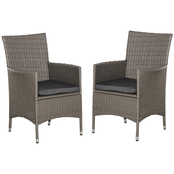 2 Pieces Outdoor PE Rattan Dining Chairs Set with Cushion, Garden Armchair with Armrests, High Backrest, Metal Frame Patio Wicker Furniture, Grey