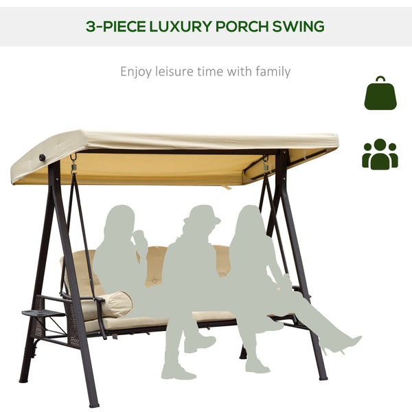 3 Seater Canopy Swing Chair, Outdoor Garden Swing Seat with Adjustable Canopy, Cushions and Cup Trays, Steel Frame, Beige