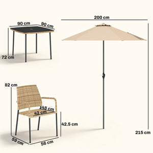 4 Seater Rattan Dining Set with Parasol, 6 Piece Garden Table and Stackable Chairs with Tempered Glass Tabletop, All-Weather Outdoor Rattan Furniture Set for Patio, Light Brown